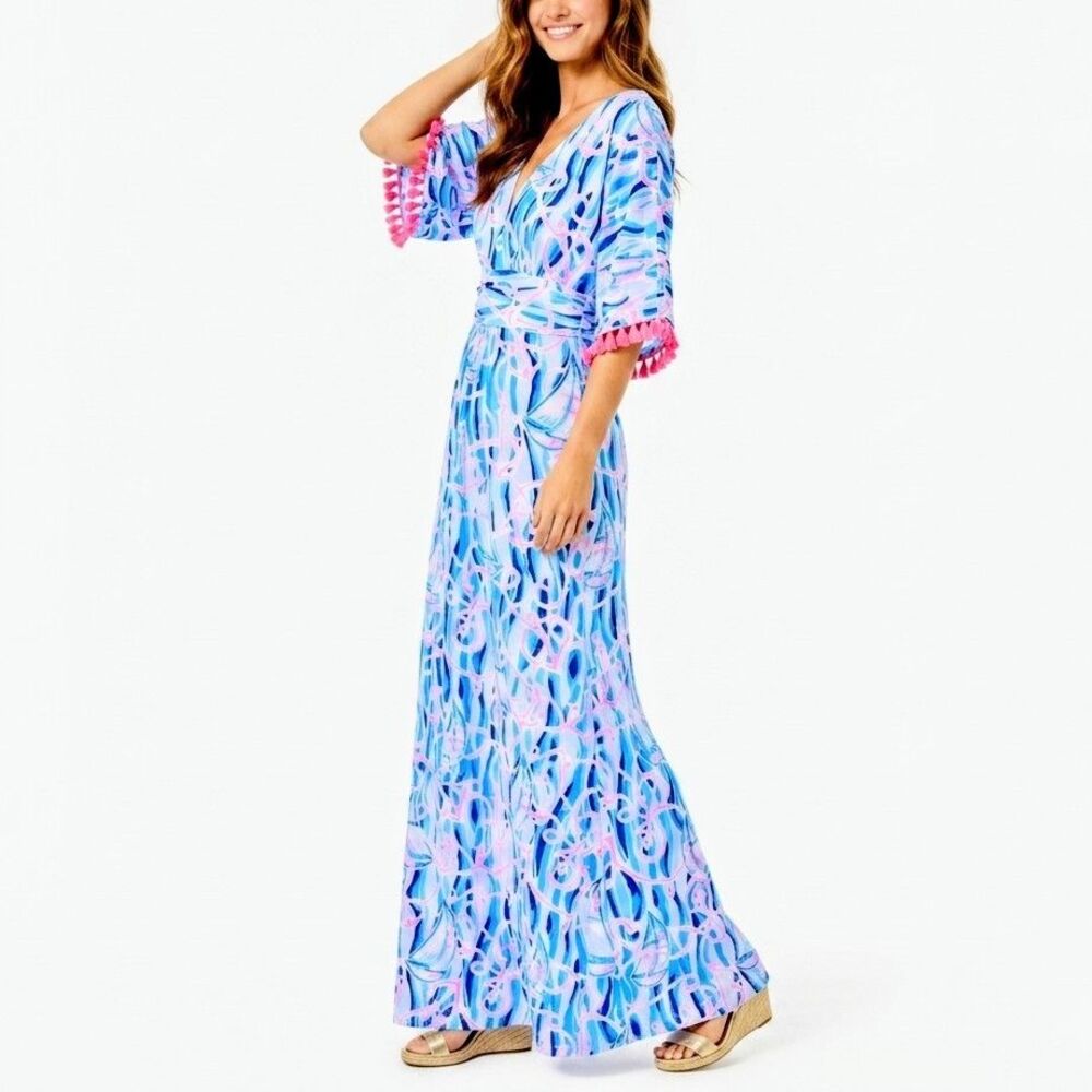 LILLY PULITZER Maxi Dress Parigi Skim Blue Reel Nauti Print Women Large NEW NWT